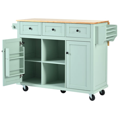 Mint Green Kitchen Island Cart with Drop-Leaf Rubberwood Top, Storage Cabinet, and 3 Drawers on Wheels