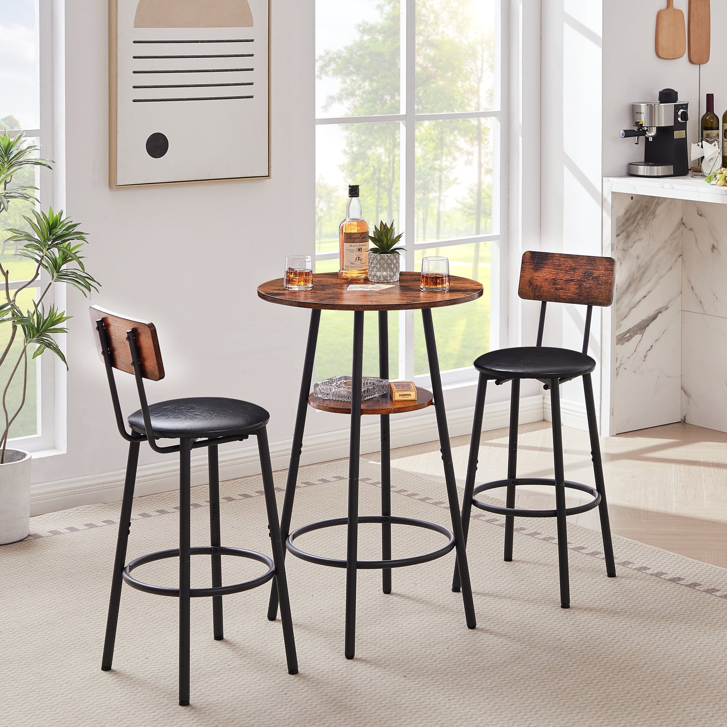 Round Bar Stool Set with Built-In Shelf, Upholstered Seat and Backrest for Kitchen Bar, Rustic Brown