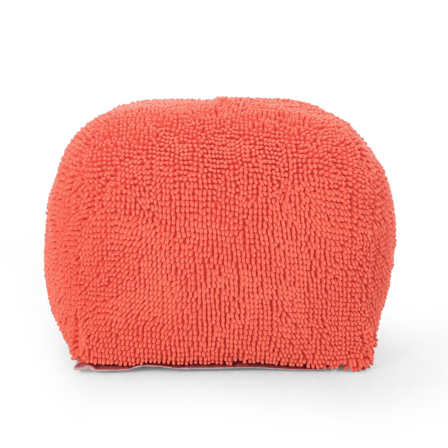 Spongy Microfiber Square Pouf, Plush Chenille Cushion, 20x20x14 in, Bead-Fill, 250 lb Capacity, Coral