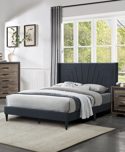Chic Charcoal Queen Size Platform Bed with Elegant Burlap Fabric Headboard