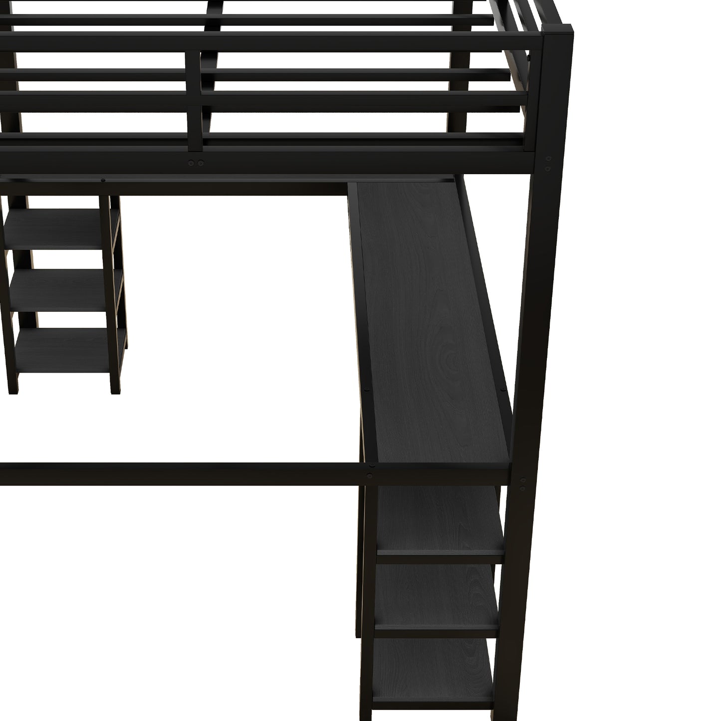 Stylish Black Metal Loft Bed with Integrated Desk and Storage Shelves