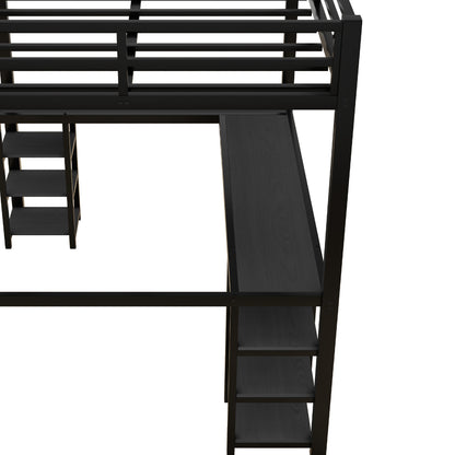 Stylish Black Metal Loft Bed with Integrated Desk and Storage Shelves