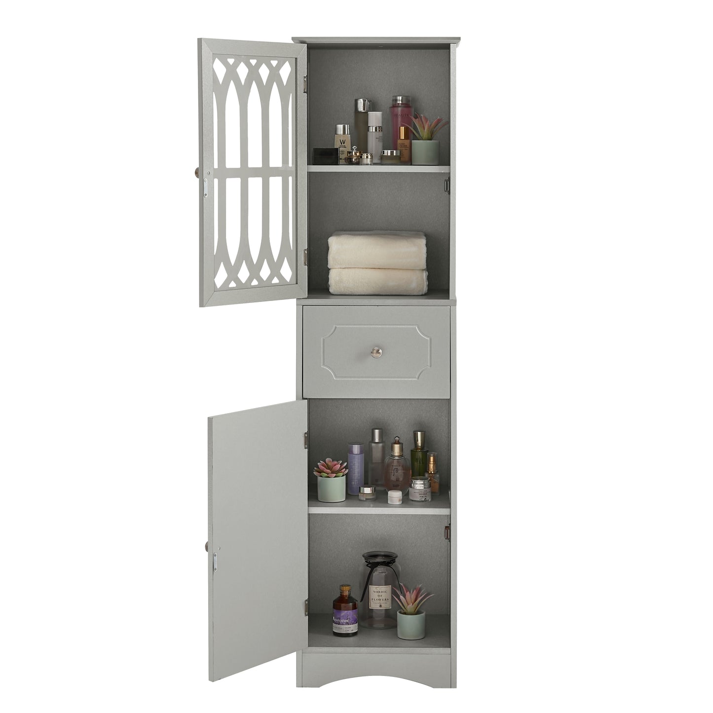 Sleek Grey Freestanding Bathroom Storage Cabinet with Adjustable Shelves and Acrylic Doors