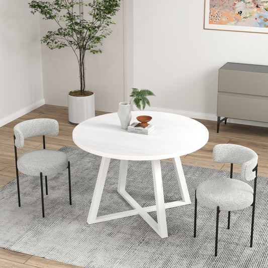 Round Dining 3 Piece Set Table Boucle Chairs White Multi