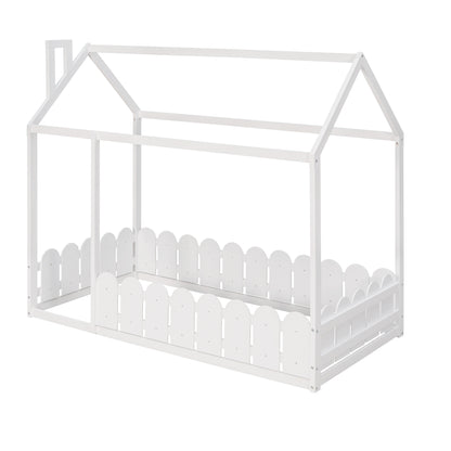 Twin Size Wooden House Bed Frame with Fence - Creative Sleep & Play Space for Kids, Teens, and Children - White Finish