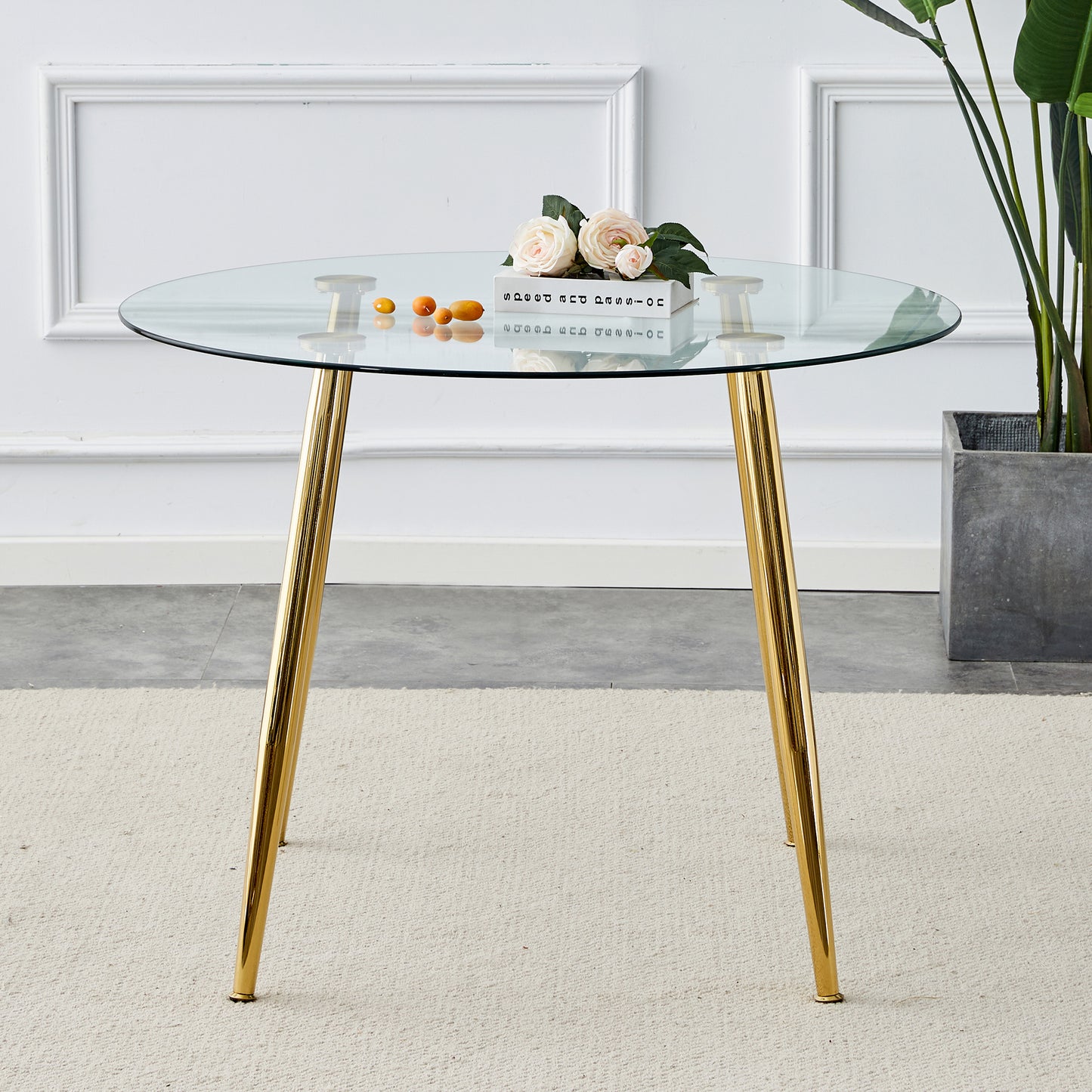 Circular Glass Dining Table 40 Inch Minimalist Gold Plated Legs