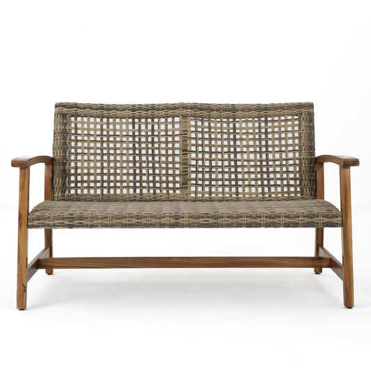 Outdoor Rattan Loveseat With Wooden Legs For Patio, 52-Inch Length And 31-Inch Width, Acacia Frame Natural Grey