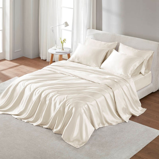 Split King Satin Sheet Set: 1 Flat, 2 Fitted, 4 Pillowcases, Wrinkle-Free, Polyester Satin, Ivory