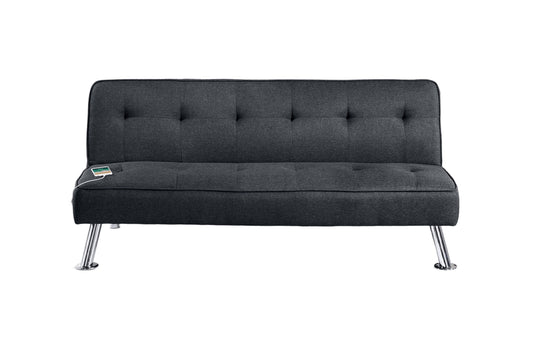 Adjustable Sofa Bed with USB, Tufted Polyfiber Upholstery, Metal Legs, 66x32x30in, Living Room, Black