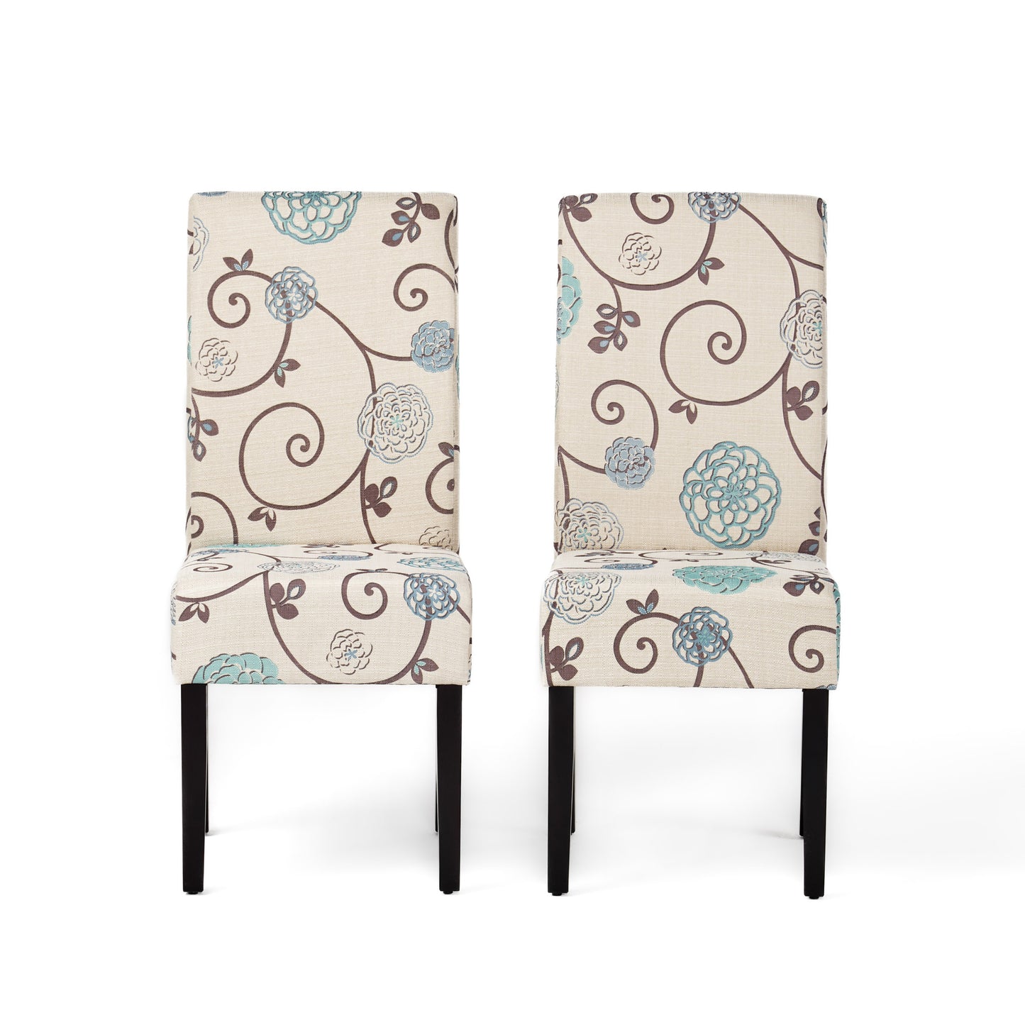 Contemporary Dining Chair Set of 2, 17.5W x 26.5D x 39.5H, Fabric, Rubberwood Legs, White and Blue