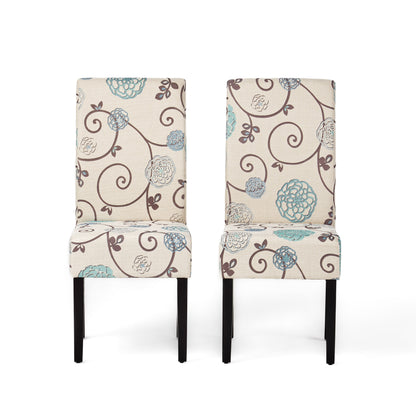 Contemporary Dining Chair Set of 2, 17.5W x 26.5D x 39.5H, Fabric, Rubberwood Legs, White and Blue