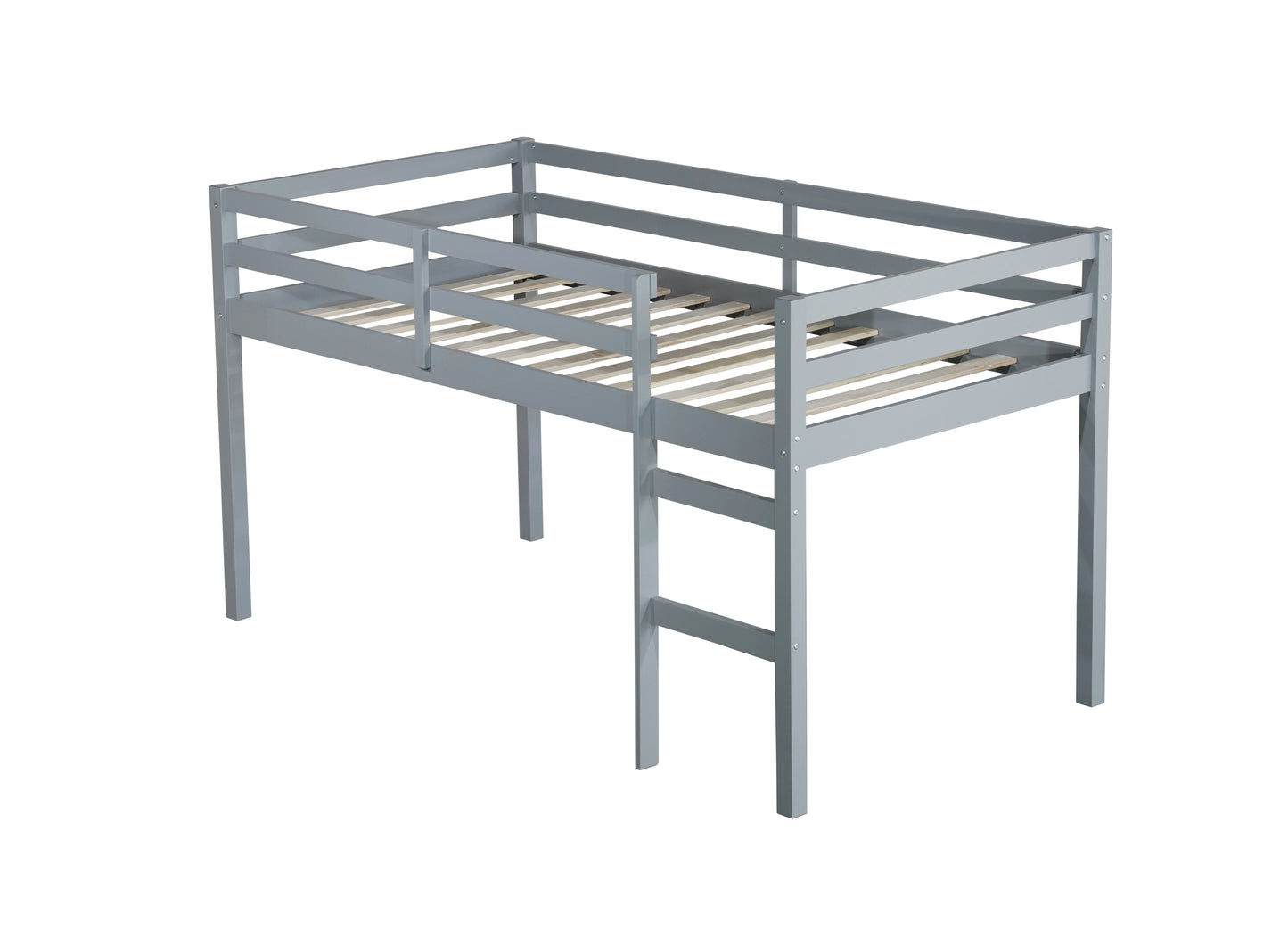 Grey Solid Rubber Wood Twin Loft Bed with Ladder and Sturdy Slat Support