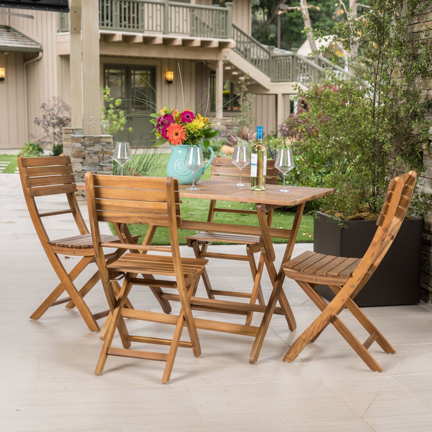 Five-Piece Acacia Wood Outdoor Patio Dining Set for Four with 43.5 x 27.5 Table, Weatherproof, Natural