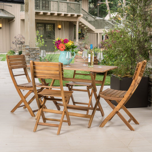Five-Piece Acacia Wood Outdoor Patio Dining Set for Four with 43.5 x 27.5 Table, Weatherproof, Natural