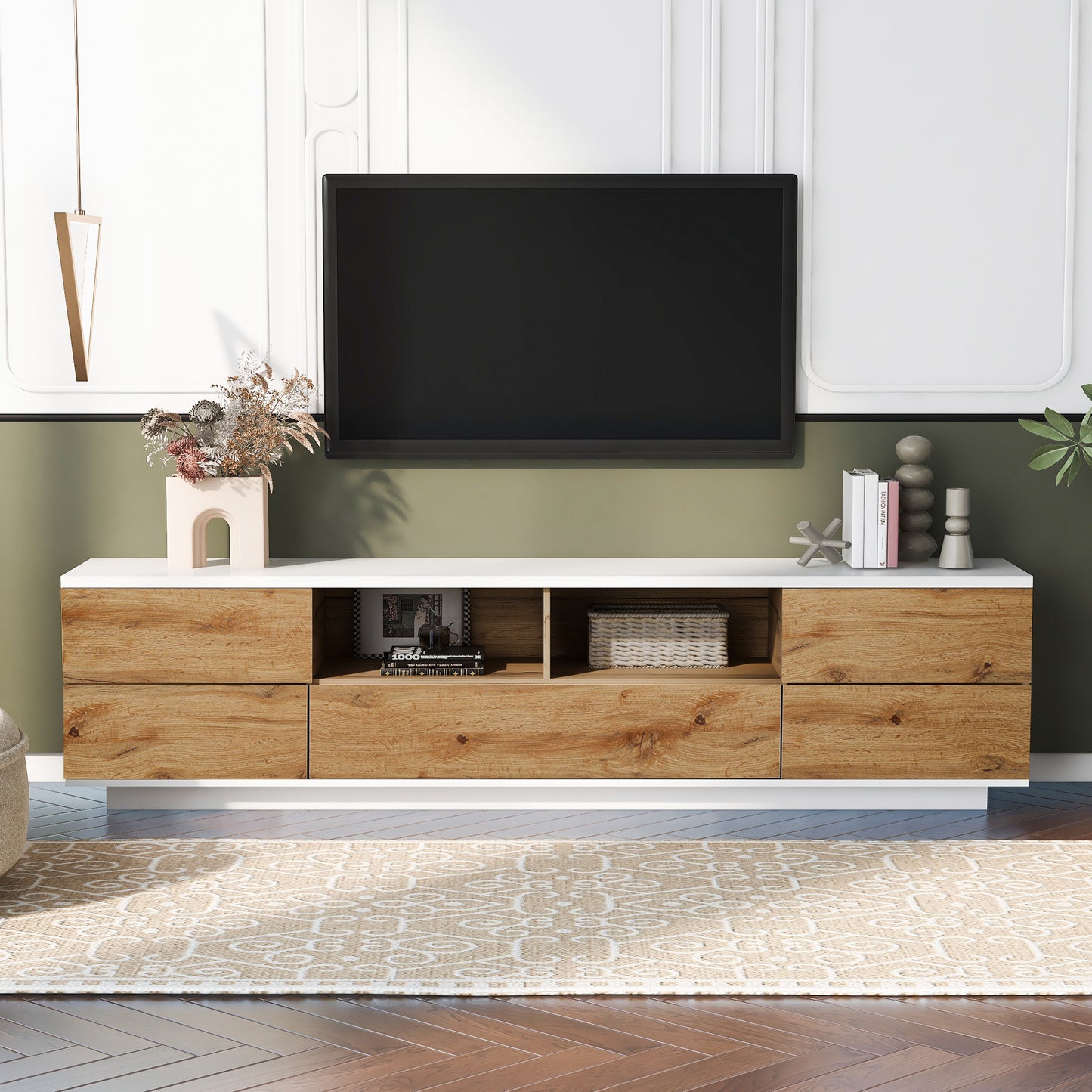 80-Inch TV Stand with Storage, Cable Management & Door Rebound, Living Room Console White and Natural