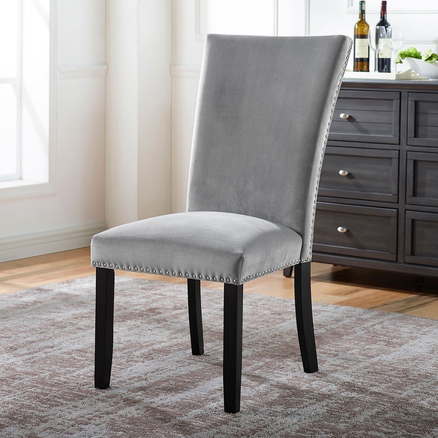 2-Piece Dining Room Chairs, Flannelette Seats with Nailhead Trim, Rubberwood Frame, Transitional, Gray