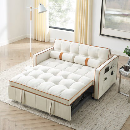 2-Seater Convertible Pull-Out Sofa Bed with Adjustable Backrest, Side Pockets, Velvet Upholstery, Beige