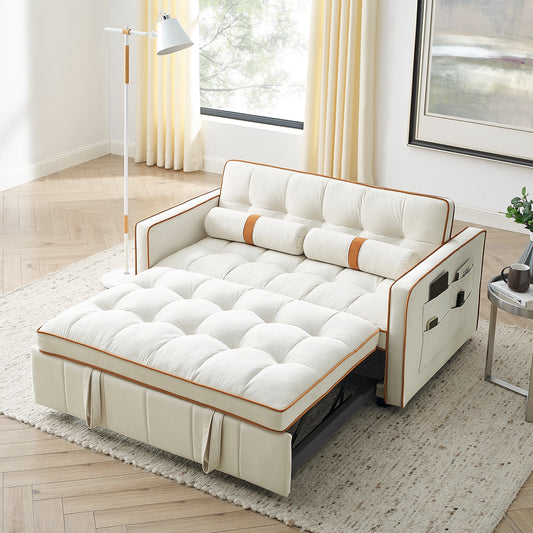 2-Seater Convertible Pull-Out Sofa Bed with Adjustable Backrest, Side Pockets, Velvet Upholstery, Beige