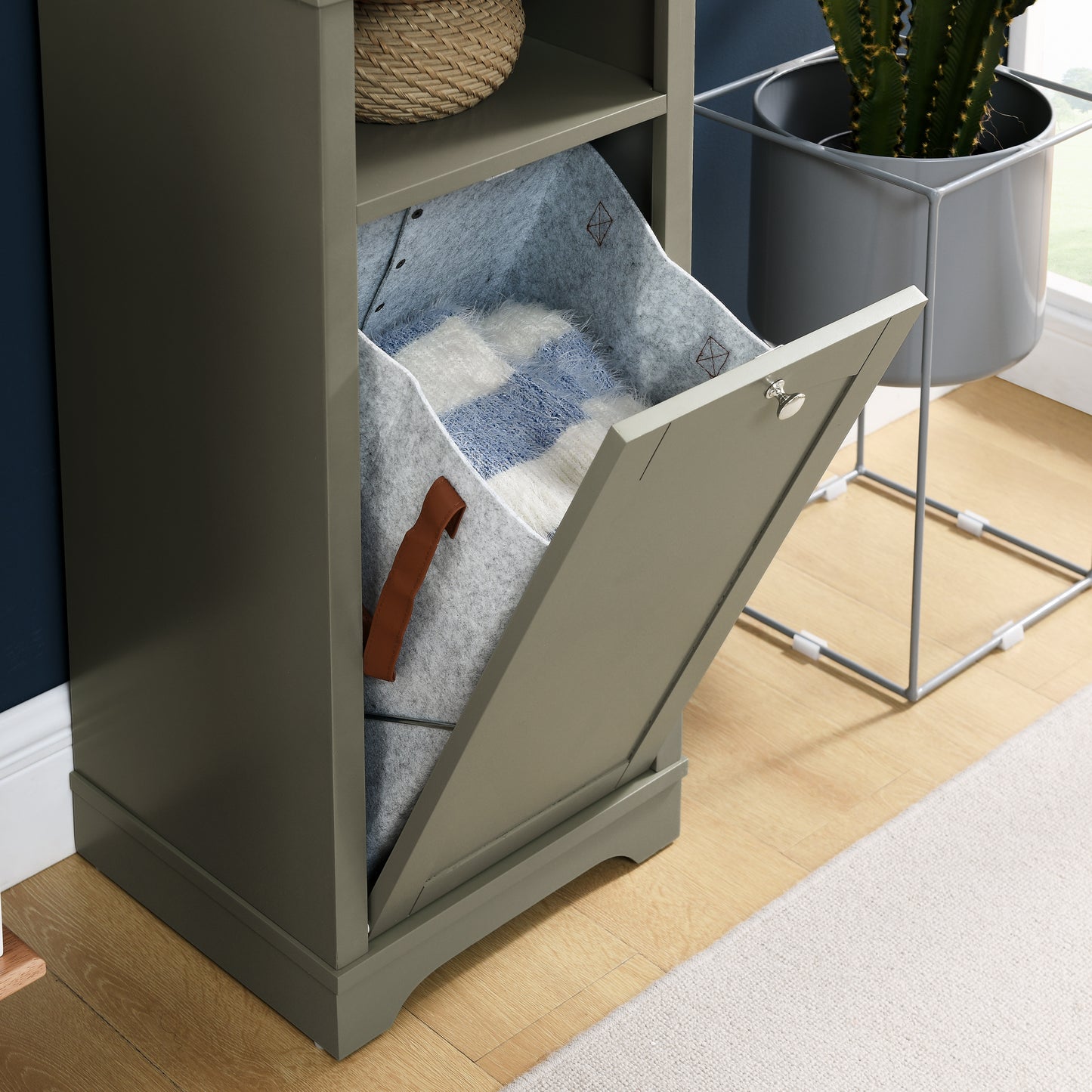 64-Inch Slim Bathroom Storage Cabinet with Adjustable Shelves and Hidden Laundry Hamper, Grey Finish for Small Spaces