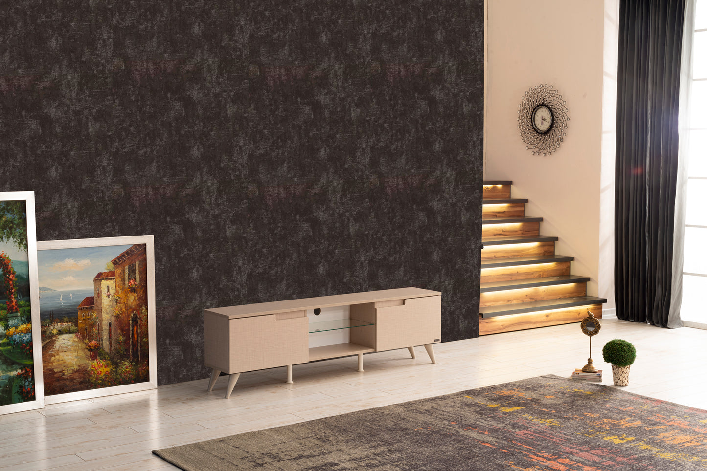 66-Inch Mid-Century Modern TV Stand with 2 Doors, Glass Shelf, Solid Wood Living Room Console Beige