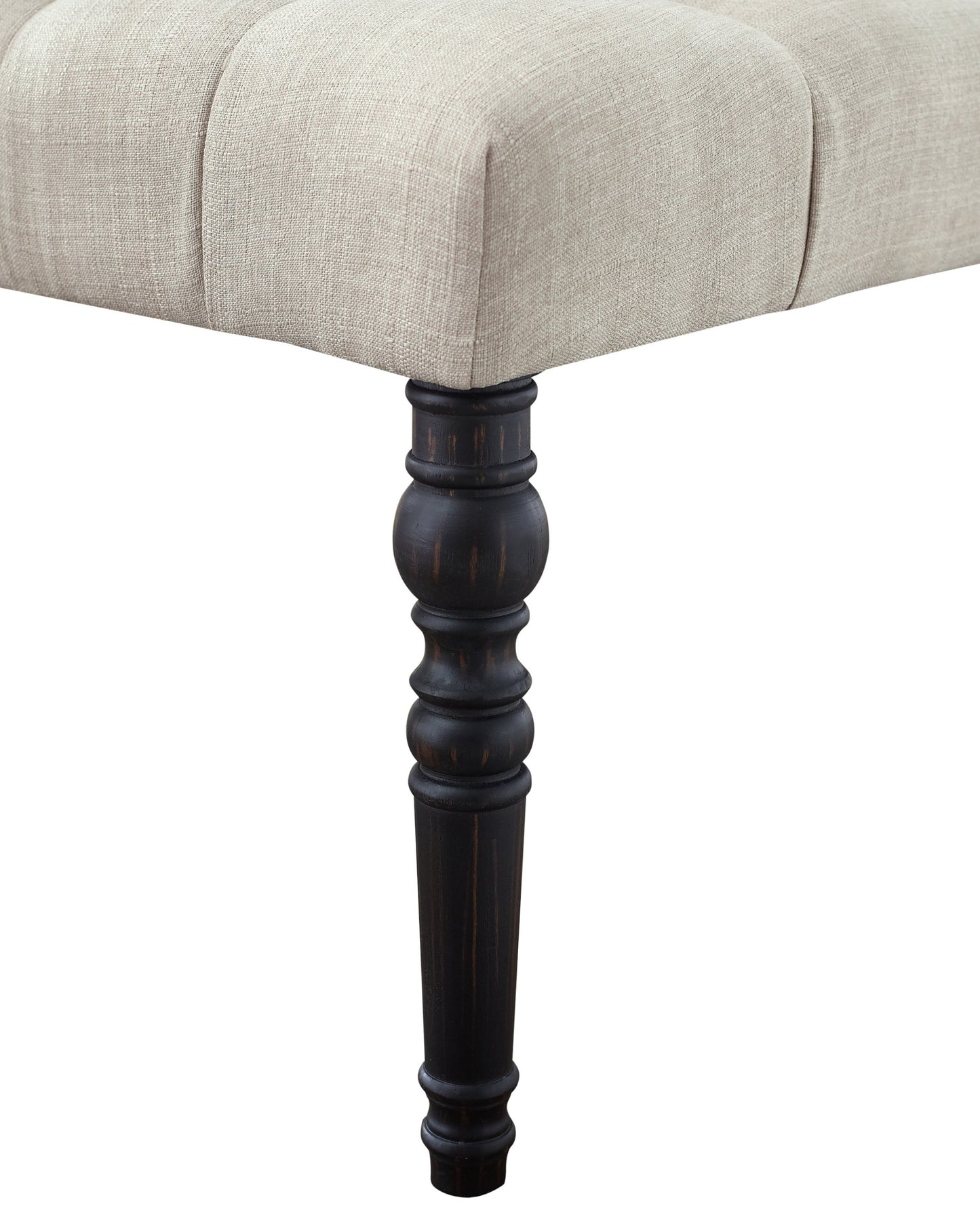 Solid Wood Dining Bench with Turned Legs, Tufted Fabric Seat, 48W x 16D x 19.5H in, Some Assembly Tan