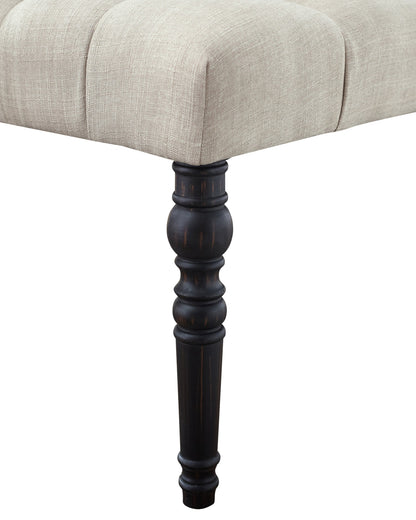 Solid Wood Dining Bench with Turned Legs, Tufted Fabric Seat, 48W x 16D x 19.5H in, Some Assembly Tan