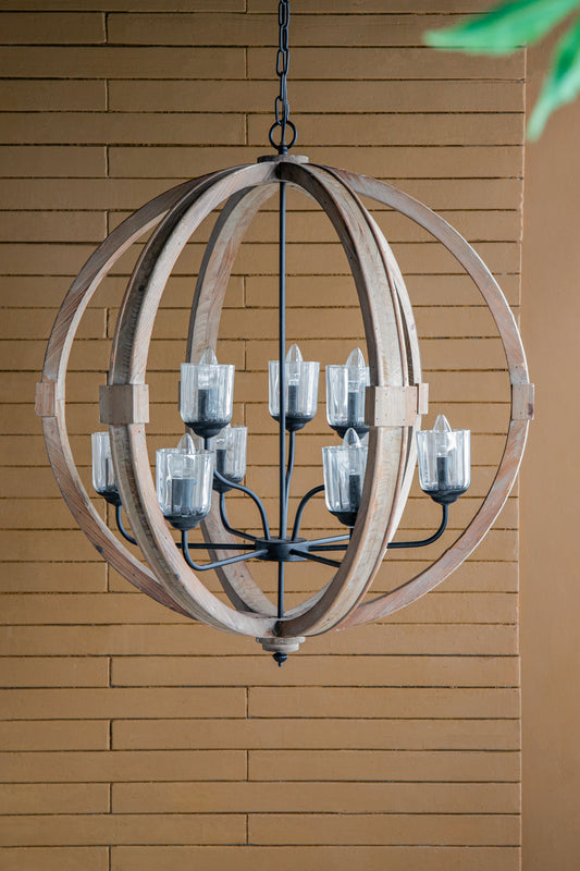 9-Light Globe Wood Chandelier with Adjustable Chain for Kitchen, Dining 31.5in Bulbs Not Included Brown