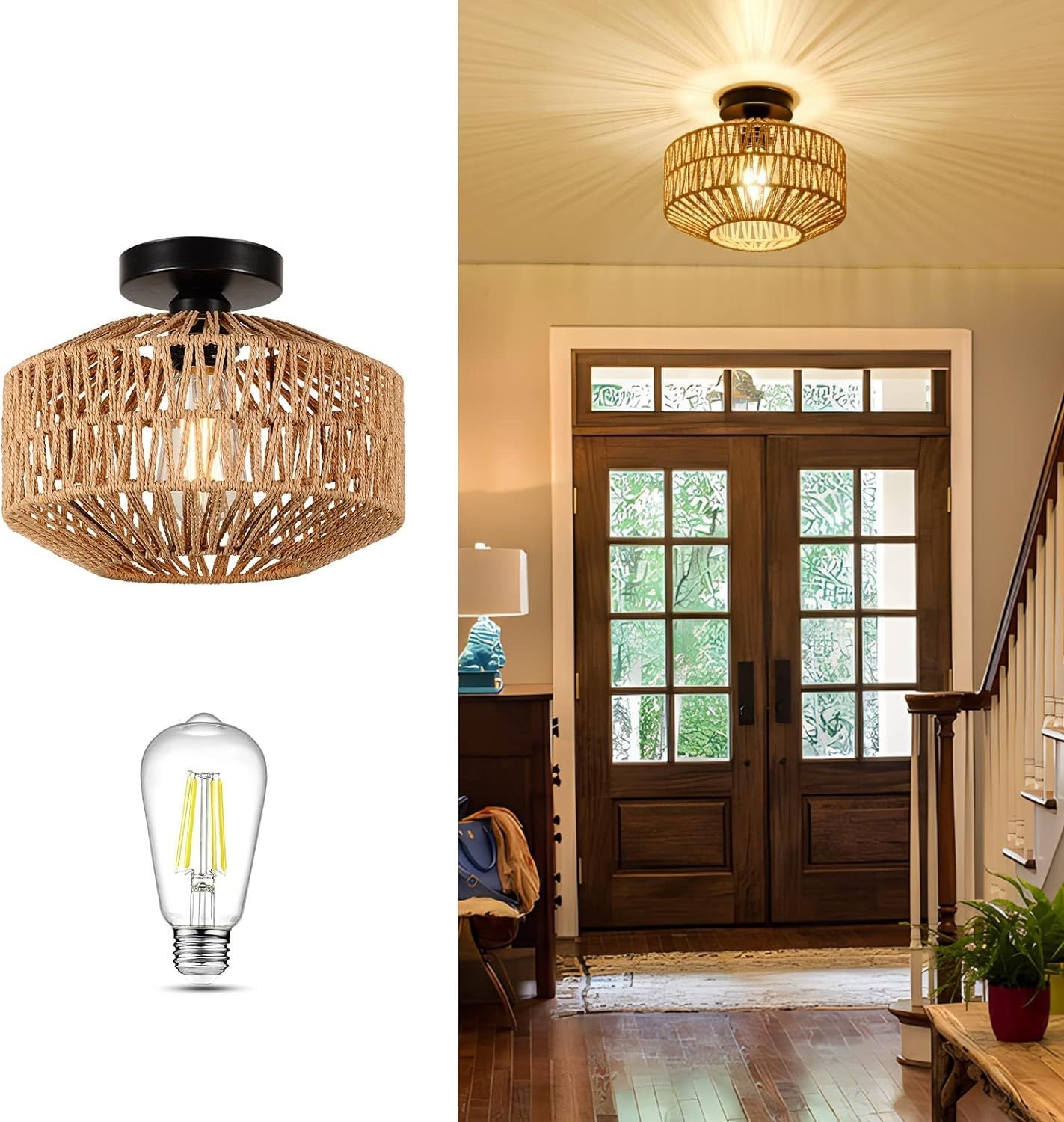 Hand-Woven Rattan Ceiling Chandelier - Flush Mount, Dimmable LED Included, Boho Hallway & Bedroom Brown