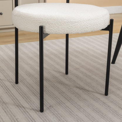 Set of 2 Modern Round Boucle Dining Chairs with Foam Cushions, 20.25W x 20.25D x 29H, Iron Legs, White