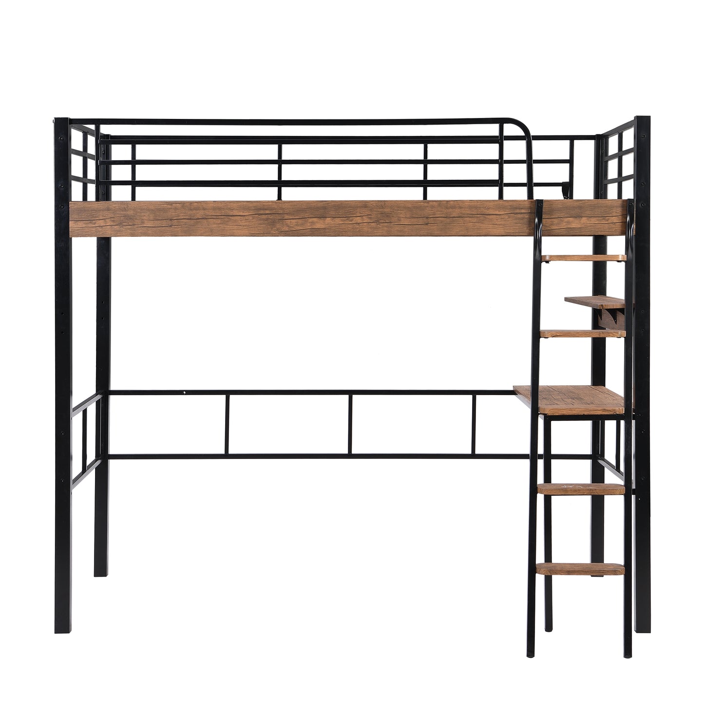 Black Metal Twin Loft Bed with Integrated Desk, Storage Shelf, and Ladder