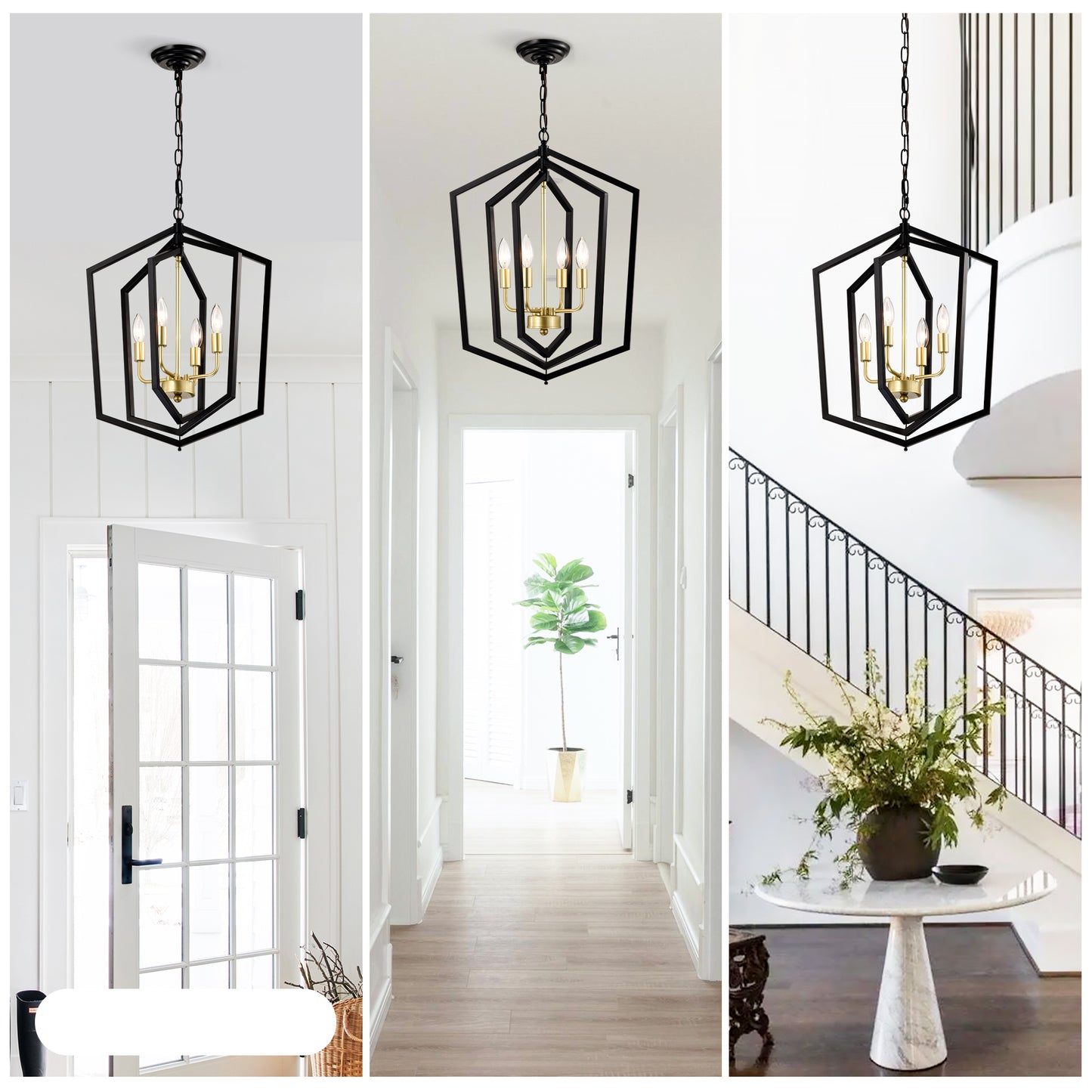 4-Light Modern Pendant Chandelier for Dining Room and Kitchen, E12 Bulbs Not Included Matte Black + Gold