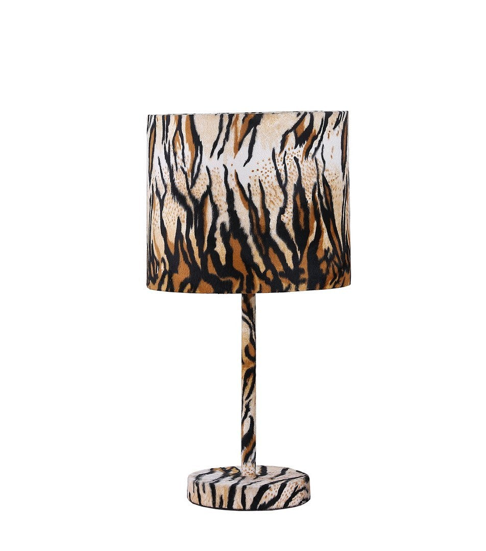 19.25-Inch Metal Table Lamp with Faux Suede Drum Shade, E26 Socket, 60W Max, LED Compatible, Tiger Print