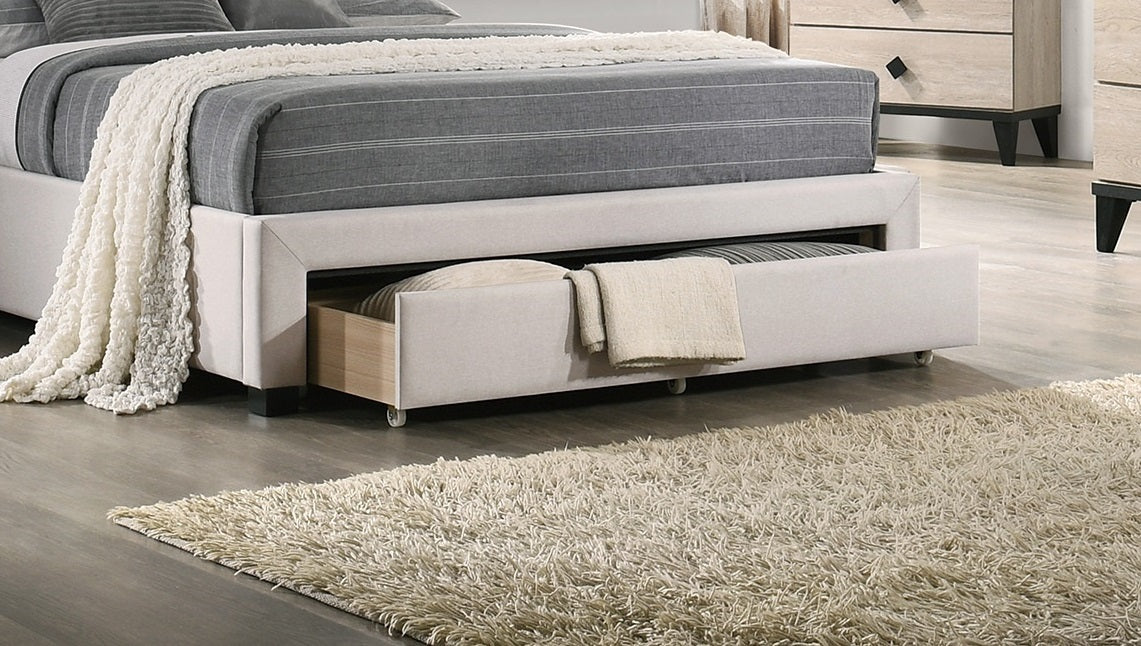 Elegant Light Brown Burlap Upholstered Queen Bed Frame with Storage Drawer & Button Tufted Arch Headboard