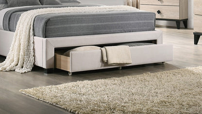 Elegant Light Brown Burlap Upholstered Queen Bed Frame with Storage Drawer & Button Tufted Arch Headboard