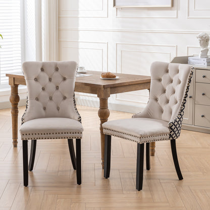 Set of 2 Velvet Tufted Dining Chairs with Nailhead Trim, Rubberwood Legs, Mid-Century, Beige