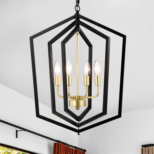 4-Light Modern Pendant Chandelier for Dining Room and Kitchen, E12 Bulbs Not Included Matte Black + Gold
