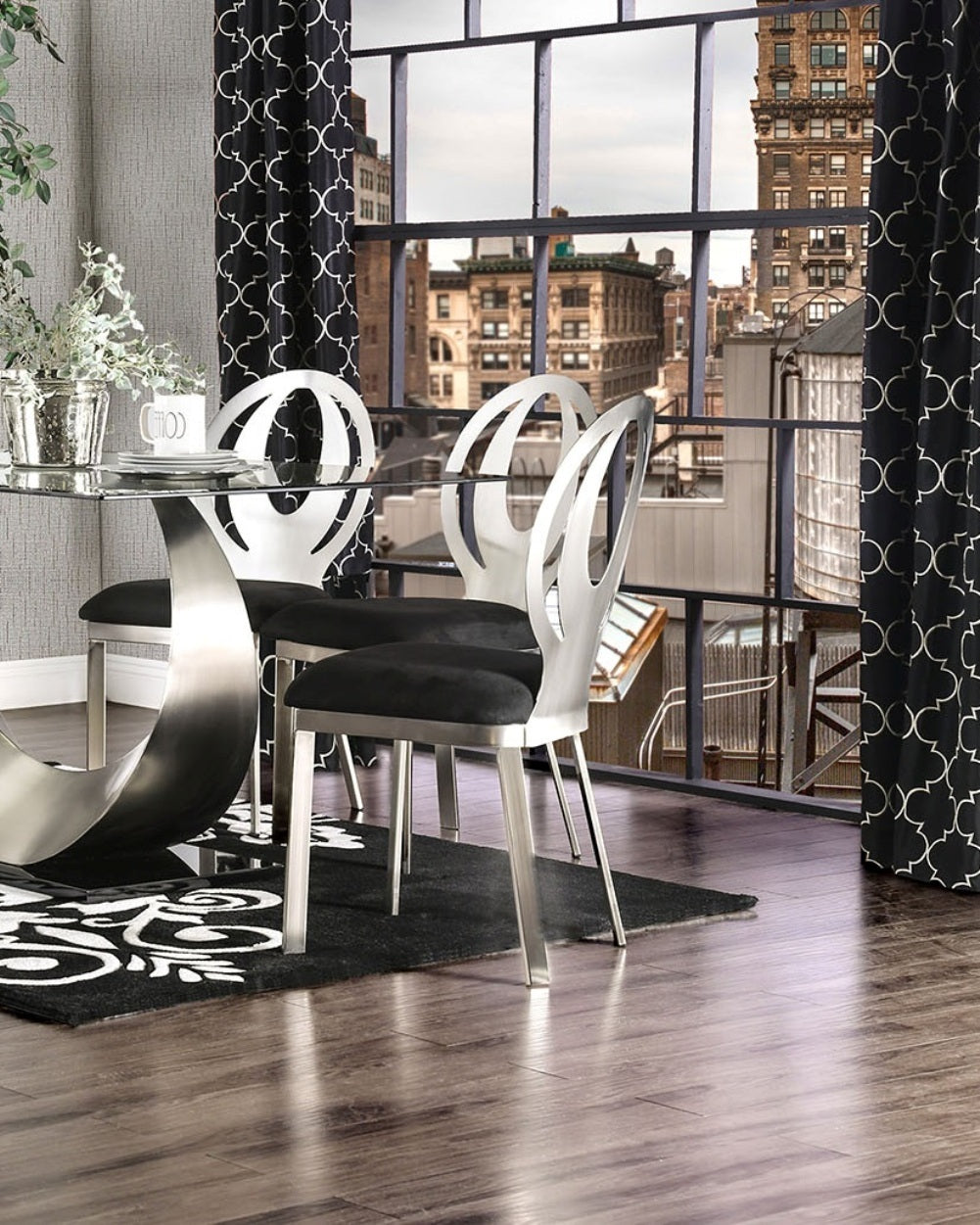 Contemporary 2pc Metal-Frame Dining Chairs with Microfiber Seats, Oval Back, Powder-Coated Satin Finish Black