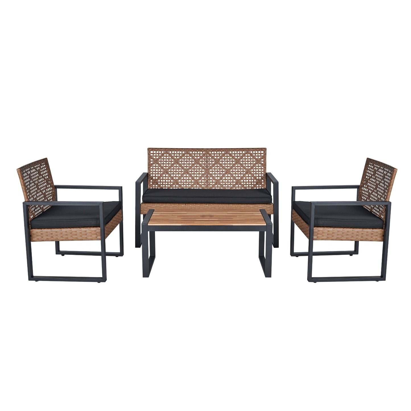 Outdoor 4-Piece Patio Furniture Set With Acacia Wood Table Top And Cushioned Wicker Seating For Garden Light Brown