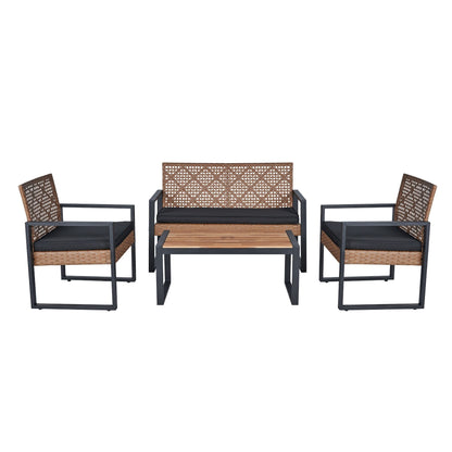 Outdoor 4-Piece Patio Furniture Set With Acacia Wood Table Top And Cushioned Wicker Seating For Garden Light Brown