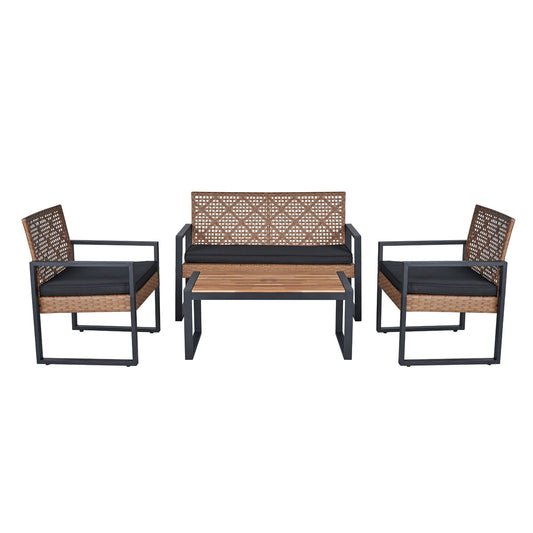 Outdoor 4-Piece Patio Furniture Set With Acacia Wood Table Top And Cushioned Wicker Seating For Garden Light Brown