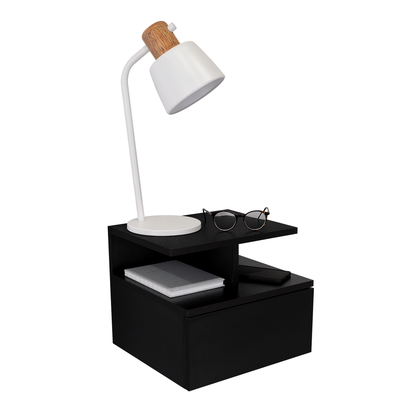 Adele Floating Nightstand , End Table, Side Table Drawer, Open Top Shelves -Black