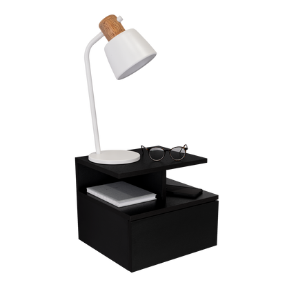 Adele Floating Nightstand , End Table, Side Table Drawer, Open Top Shelves -Black