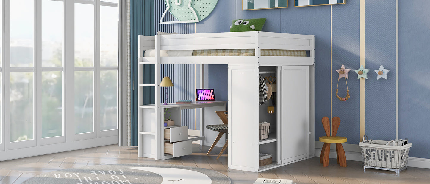 Space-Saving White Wood Loft Bed with Integrated Wardrobes and 2-Drawer Desk