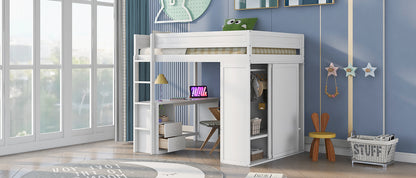 Space-Saving White Wood Loft Bed with Integrated Wardrobes and 2-Drawer Desk
