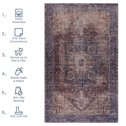 8x10 Area Rug for Living & Dining – Machine Washable, Polyester, Low-Pile, Non-Slip, Kid & Pet Burgundy