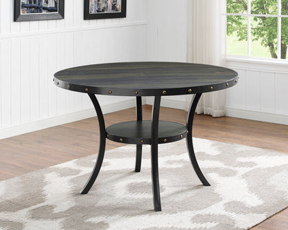 Espresso Wood Round Dining Set With Nailhead Chairs Blue