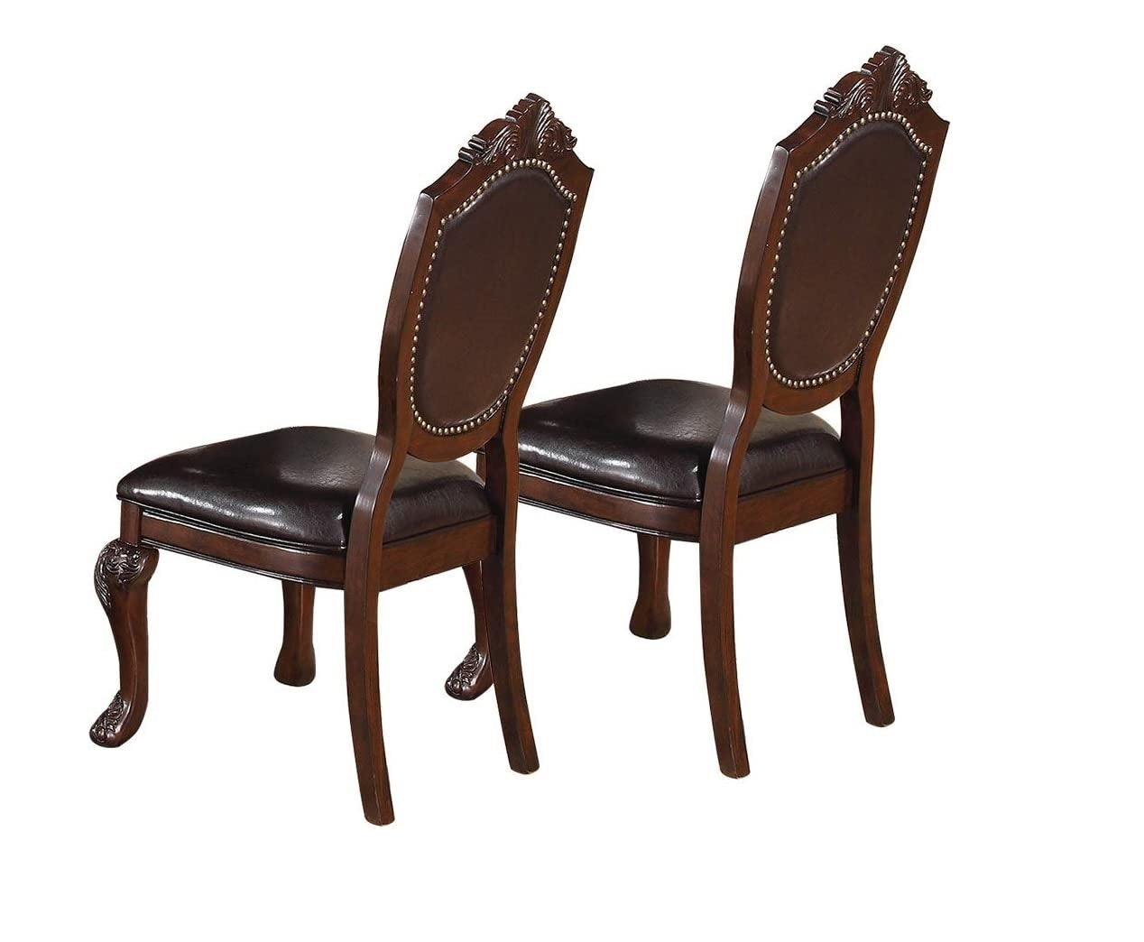 Set of 2 Traditional Formal Dining Room Side Chairs - Rubberwood, Faux Leather Upholstered Seats Brown