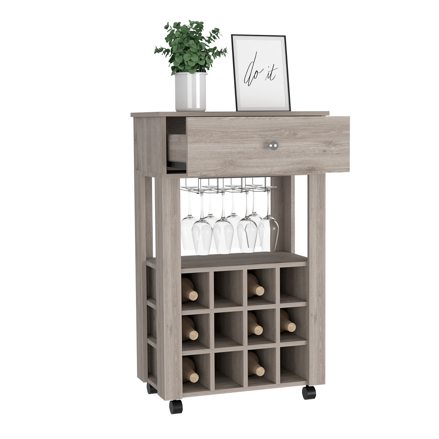Modern Light Gray Wine Cart With Drawer And Cubbies