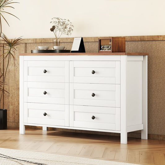 Chic Vintage-Inspired 6-Drawer Wooden Dresser with Rustic Charm for Bedroom - White & Brown