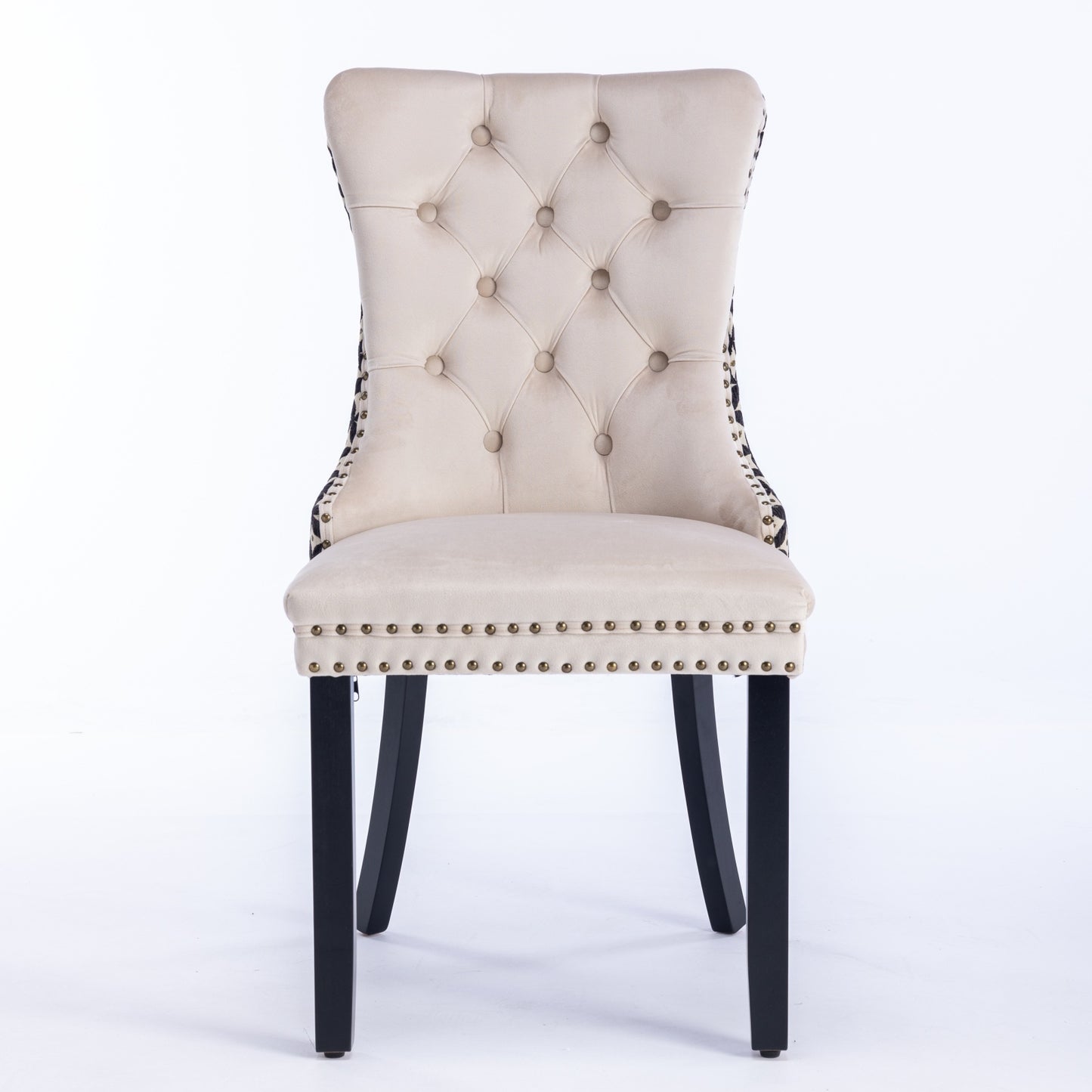 Set of 2 Velvet Tufted Dining Chairs with Nailhead Trim, Rubberwood Legs, Mid-Century, Beige